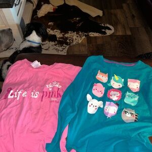 Life is Pink Graphic Tee and Teal cute Character Long sleeve Shirt